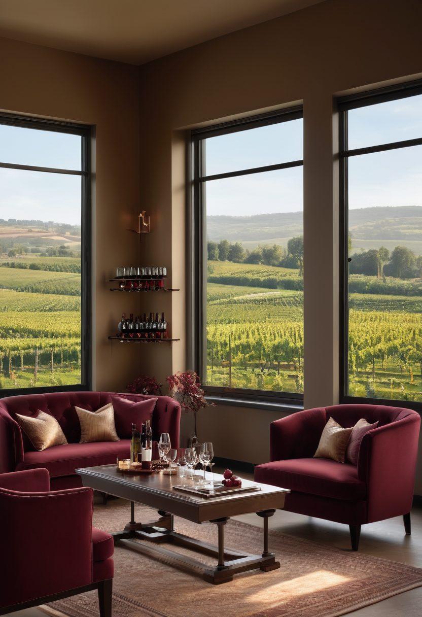 A sophisticated living room inspired by wine culture, featuring elegant wine racks, plush seating in rich burgundy, and large windows letting in warm light. In the background, a vineyard landscape is visible, enhancing the ambiance. Decorative elements include wine glasses and bottles on a chic coffee table, creating a cozy yet refined atmosphere. soft focus. super-realistic. warm tones.