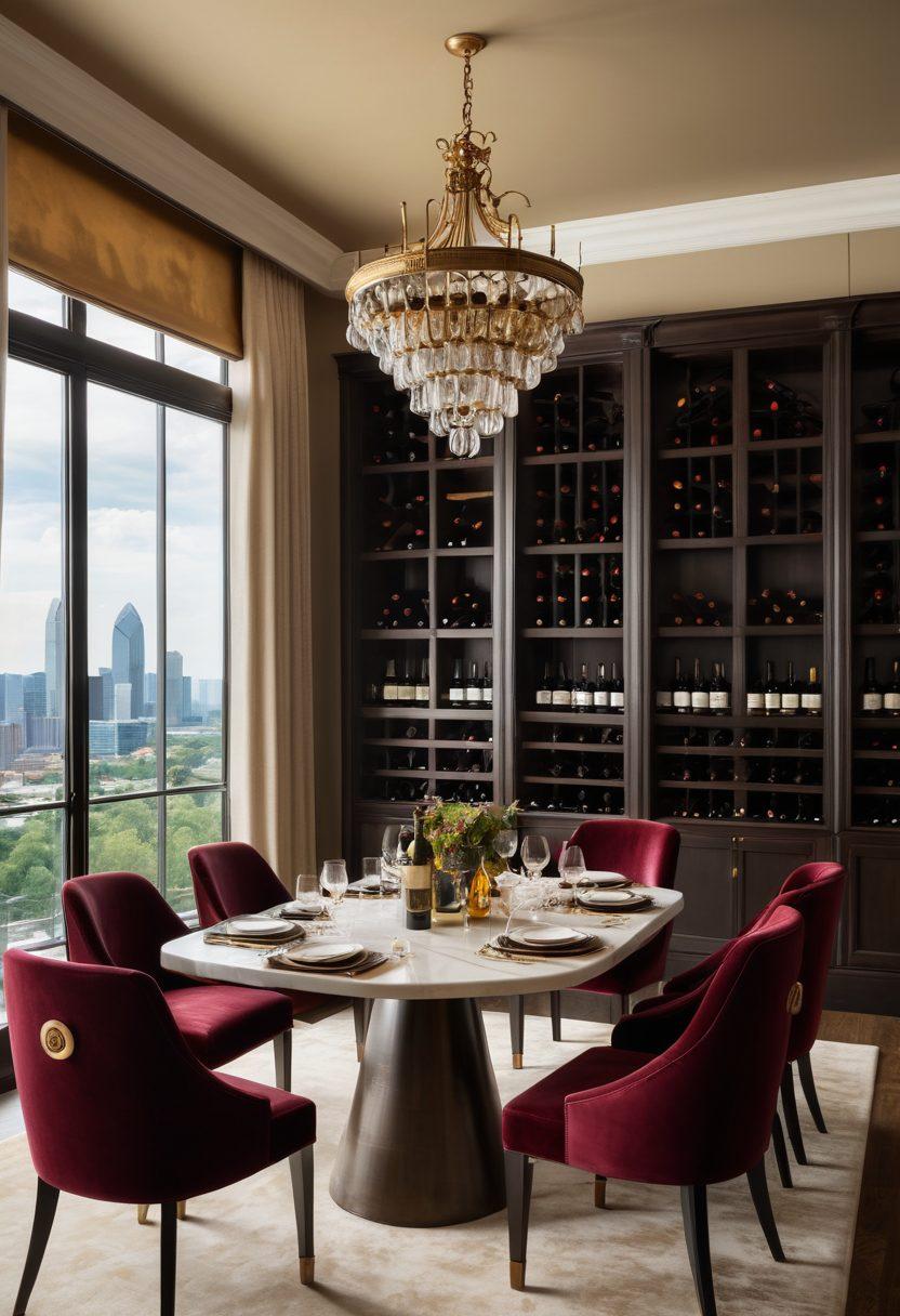 A sophisticated and elegant apartment interior featuring a wine cellar filled with exquisite bottles, plush velvet chairs, large windows showcasing city views of Charlotte, and a rustic dining table set for a wine tasting. Accents of deep burgundy and gold enhance the luxe feel. super-realistic. vibrant colors. soft lighting.