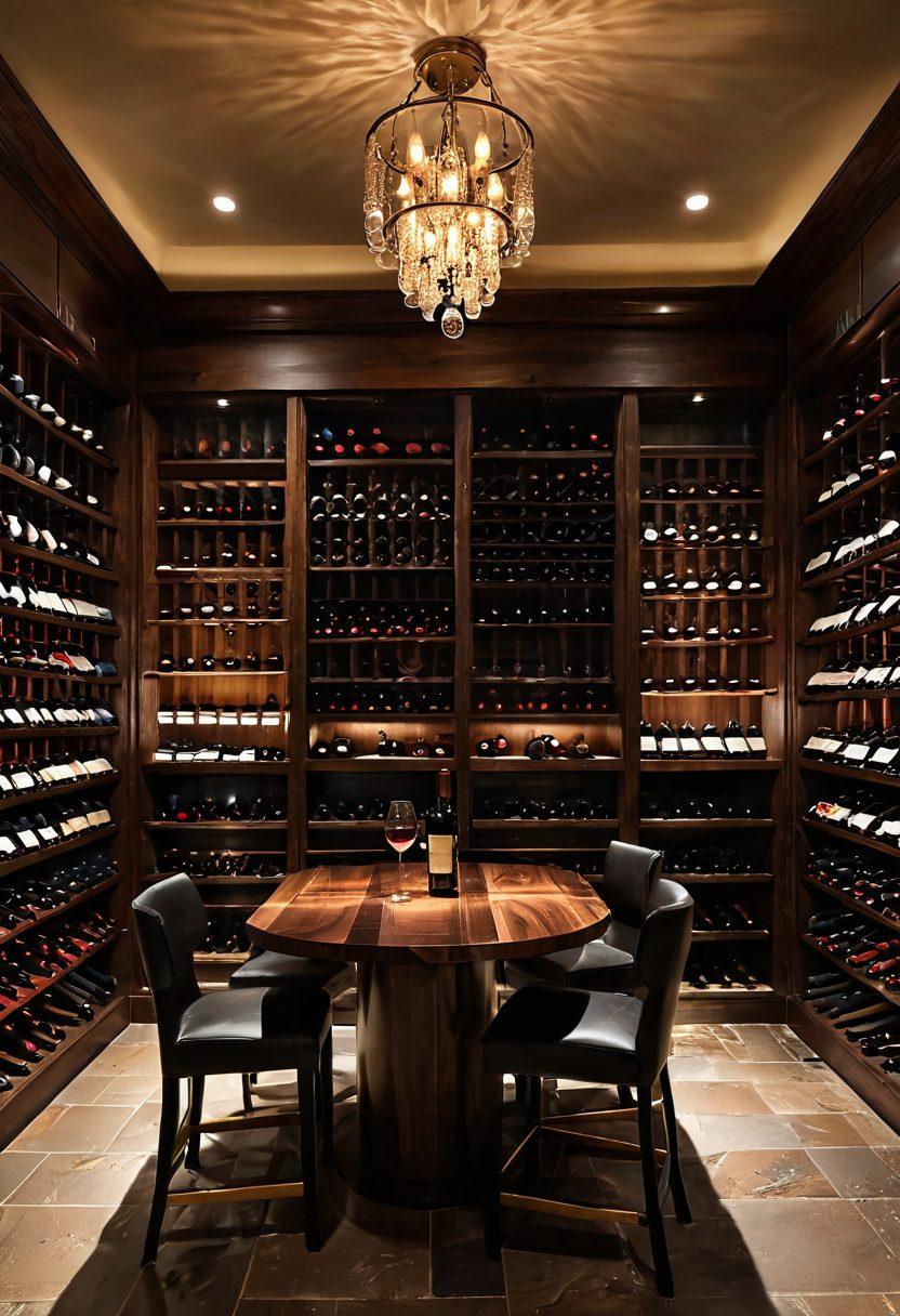 A luxurious wine cellar with wooden shelves filled with various wine bottles, accompanied by a sophisticated tasting room featuring a sleek bar, comfortable seating, and a backdrop of rich, dark wood accents. The scene should radiate warmth and elegance, highlighting the allure of wine culture in a stylish setting. Include soft ambient lighting that enhances the inviting atmosphere. super-realistic. vibrant colors. cozy ambiance.
